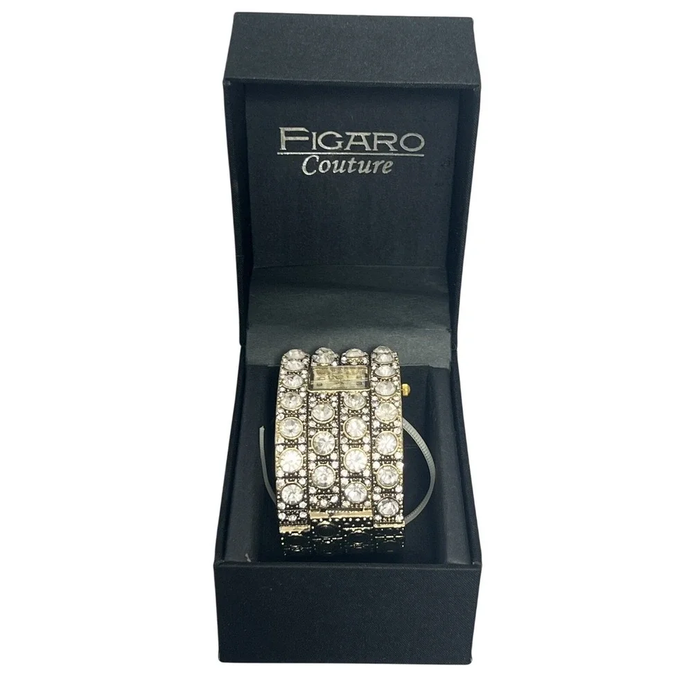 FIGARO Couture Women's Gold Tone Crystal Cuff‎ Bangle Wristwatch Untested w/ Box